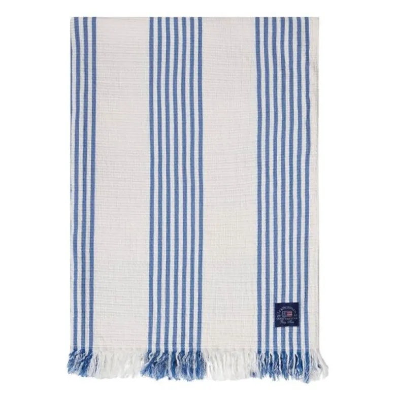 Bomullspledd 170x130 cm stripet/rutete hvit/blå/beige