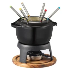 Foni fondue støpejern med treplate 18x18 cm 1,8L svart