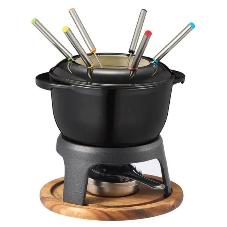 Foni fondue støpejern med treplate 18x18 cm 1,8L svart