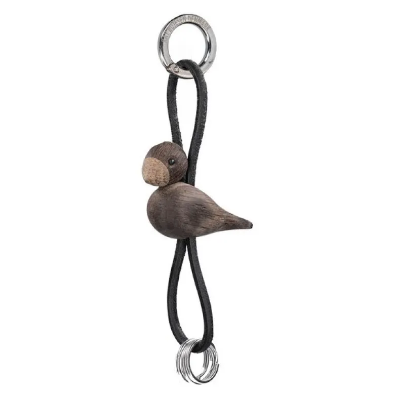 Fugl nøkkelring 6x4,5x3 cm sølv/svart/røkt eik