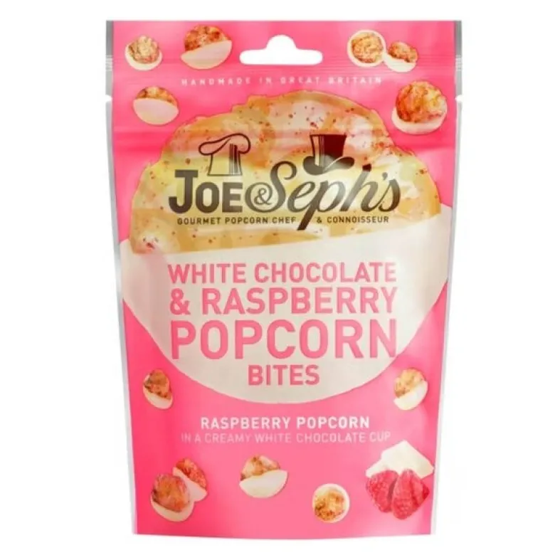 Hvit sjokolade- og bringebærpopcornbiter 63g