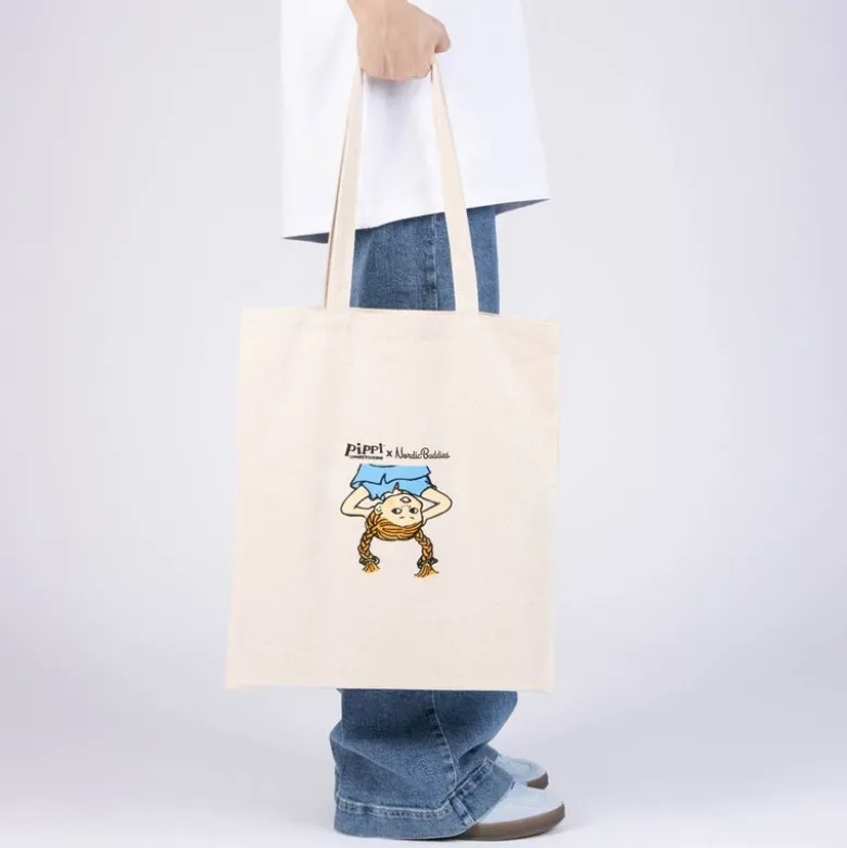 Pippi handlenett 38,5x42 cm Pippi opp-ned beige