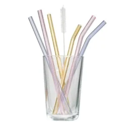 Rainbow sugerør i glass 21,5 cm 6 stk lilla/rosa/gul