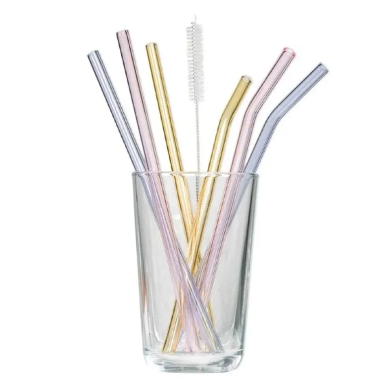Rainbow sugerør i glass 21,5 cm 6 stk lilla/rosa/gul