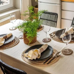 Rattan glassbrikke 6 stk i stativ beige