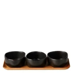 RAW Titanium Black organic skålsett 3 stk m/teakbrett 14x32,5 cm
