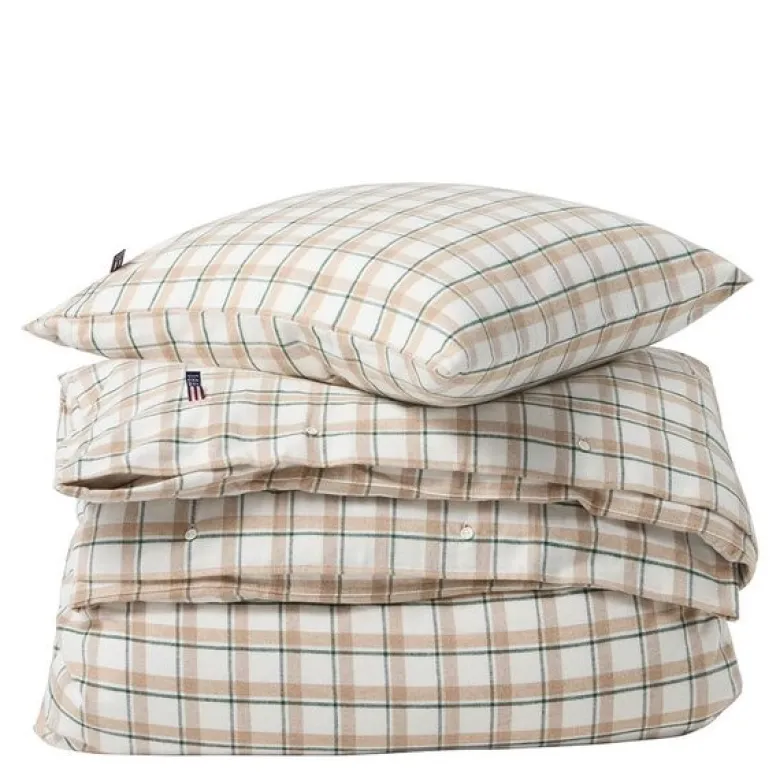 Sengesett flanell 200x220 cm rutete grønn/beige/hvit