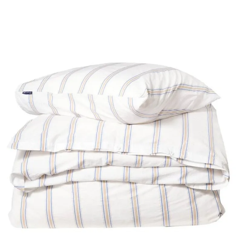Sengesett 200x140 cm bomullspercale stripete hvit/blå/beige