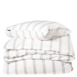 Sengesett 200x220 cm bomullspercale stripete hvit/blå/beige