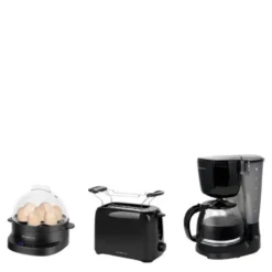 Sett med kaffebrygger, brødrister og eggekoker svart
