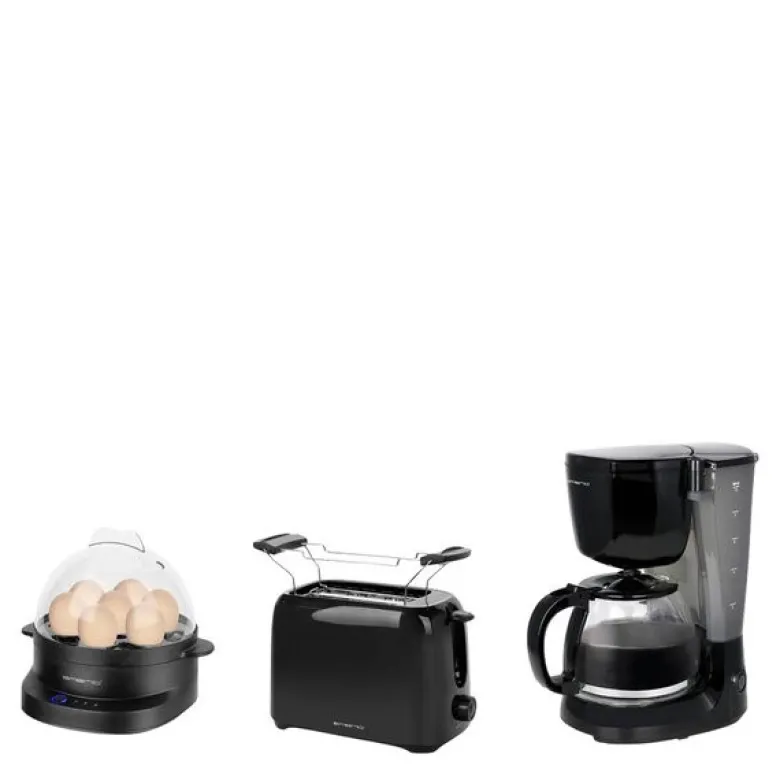 Sett med kaffebrygger, brødrister og eggekoker svart