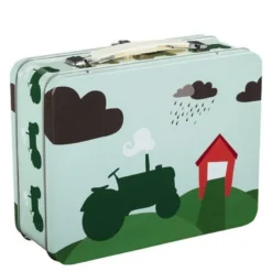 Traktor og låve koffertboks 19x16 cm blå